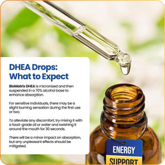 BioMatrix DHEA Liquid dose drop highlights precise 1.2 mg per drop dosing.