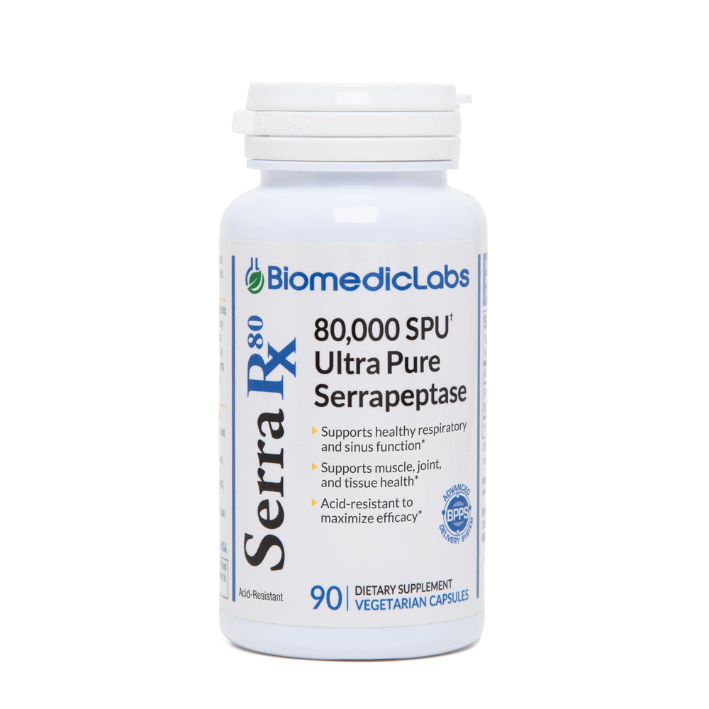 Biomedic Labs Serra-RX 80k SPU bottle front, vegan capsules for sinus and lung support.
