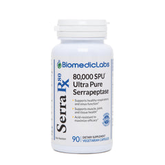 Biomedic Labs Serra-RX 80k SPU bottle front, vegan capsules for sinus and lung support.