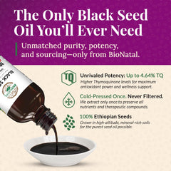 BioNatal oil label front highlighting sustainable sourcing and fresh crop guarantee.