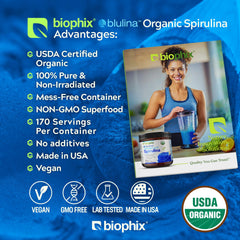 Biophix blue spirulina powder jar close-up highlighting natural blue pigment