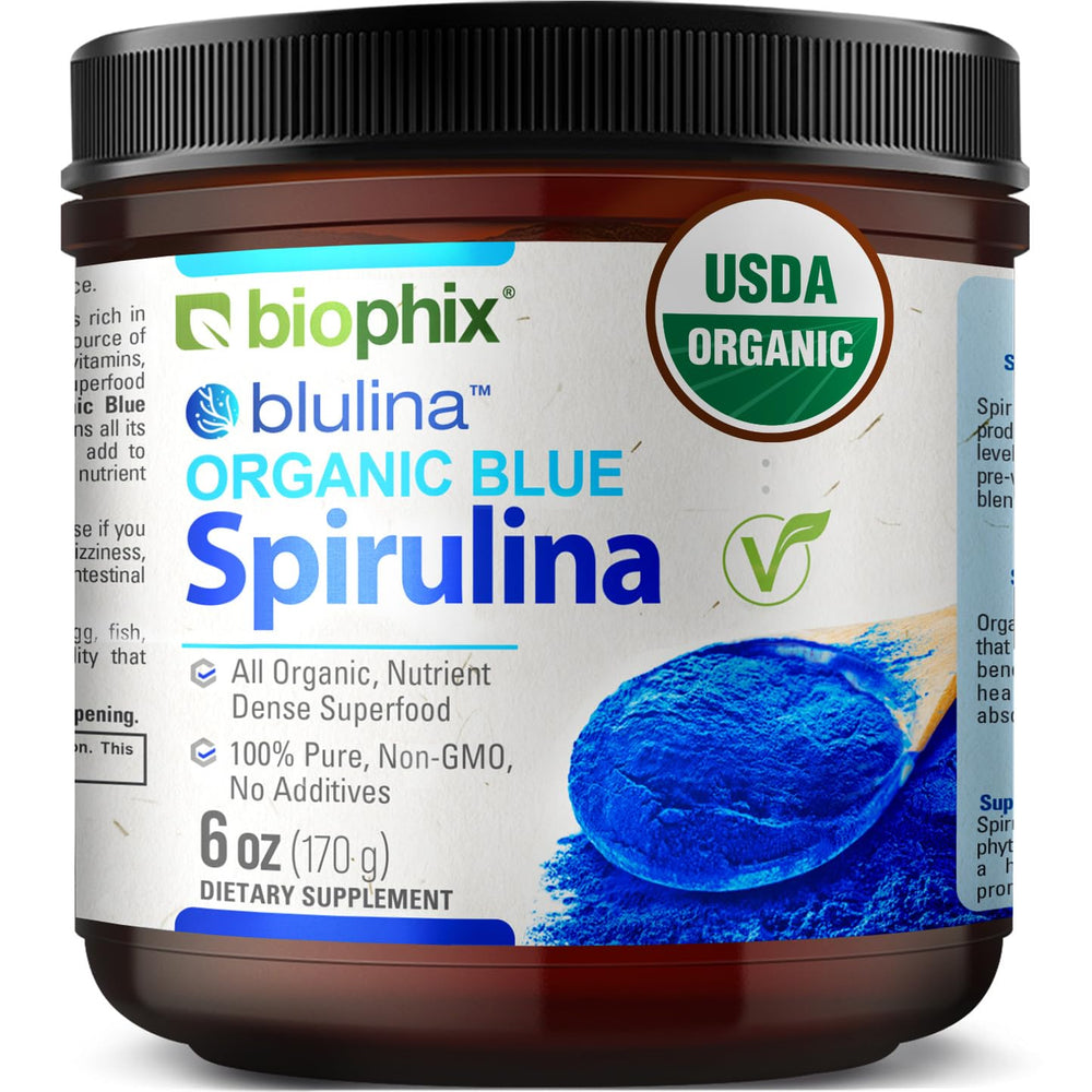 Biophix blue spirulina powder tub showing vibrant color for smoothies