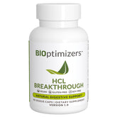 BIOptimizers HCL Breakthrough bottle label shows plant-based digestion support.