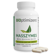 BiOptimizers MassZymes bottle with capsules for gut health and bloating relief.