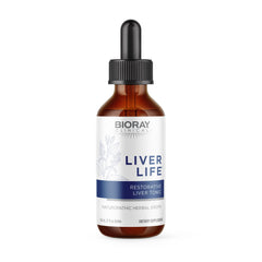 BIORAY Clinical Liver Life bottle label shows non-GMO, gluten-free, vegetarian formula.