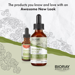 BIORAY Daily Primary Detox ingredients panel highlights medicinal mushrooms and micronized chlorella.