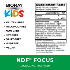 Close-up of BIORAY bottle shows citrus flavor and kid-friendly dosing for focus.