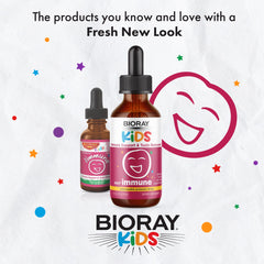 BIORAY Kids NDF Immune Blueberry packaging confirms non-GMO vegan and gluten-free formula.