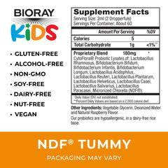 BIORAY Kids NDF Tummy Raspberry label closeup highlighting probiotic blend and NDF
