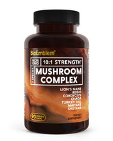 BioEmblem Mushroom Complex bottle label showing 7 species for daily wellness