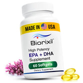 Biorixil vegan omega-3 algae softgel bottle highlighting easy to swallow capsules for daily wellness.