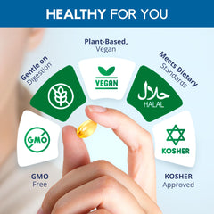 Biorixil vegan omega-3 label details emphasize non-GMO and clean ingredients.