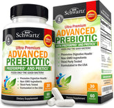BioSchwartz Advanced Prebiotics bottle on white surface supports balanced digestion.