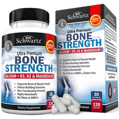 BioSchwartz Bone Strength bottle showing the 9-in-1 formula for balanced bone support