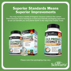 BioSchwartz label close-up shows organic, extra virgin coconut oil benefits for skin and digestion.