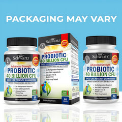 BioSchwartz daily probiotic bottle label close-up shows 40B CFU for gut balance