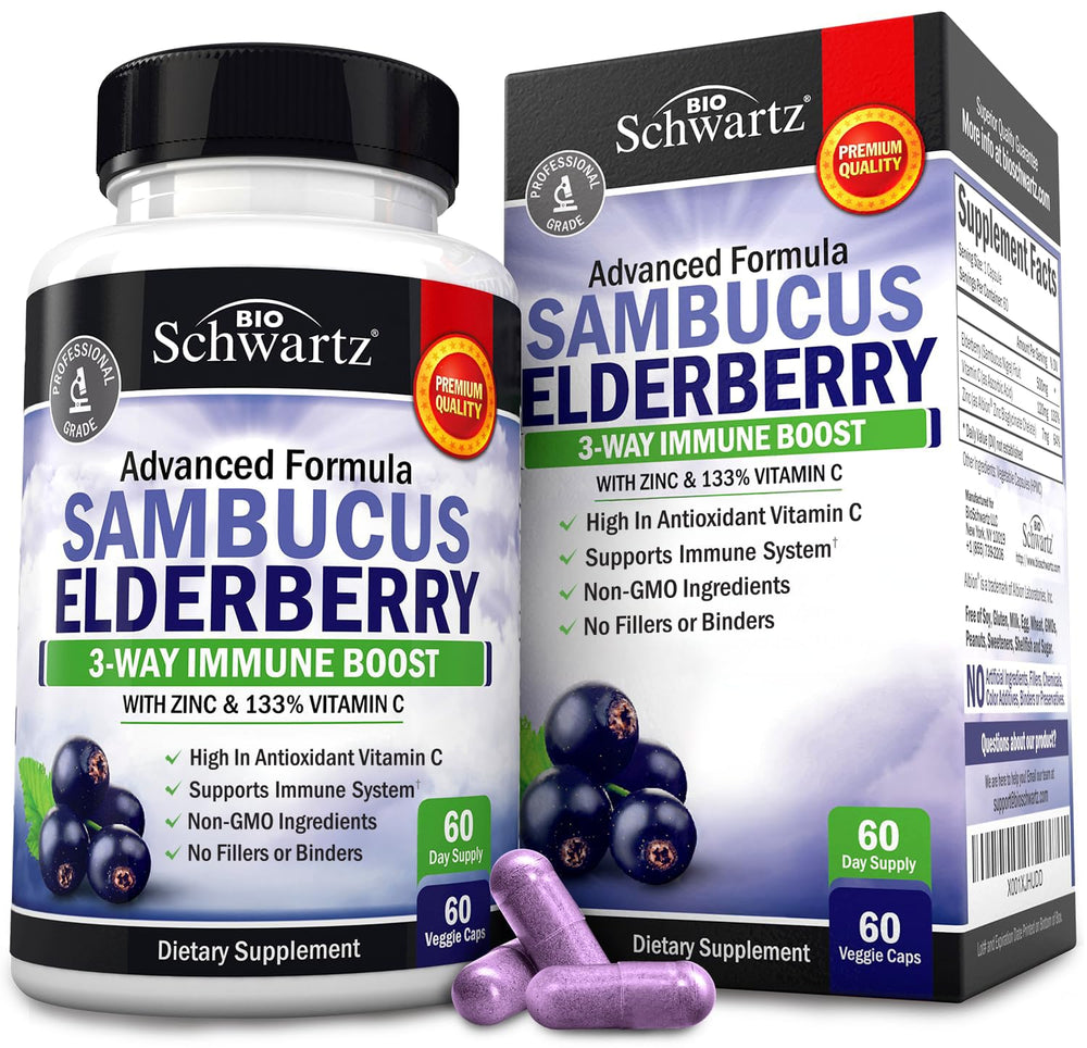 BioSchwartz elderberry capsules bottle visual, natural immune support in a convenient daily capsule.