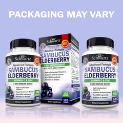 BioSchwartz elderberry capsules close-up showing packaging and immune support label