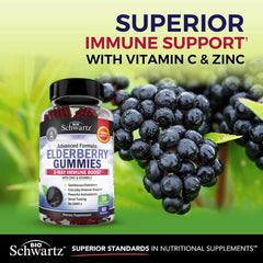 BioSchwartz Elderberry Gummies ingredients panel highlighting vitamin C and zinc.