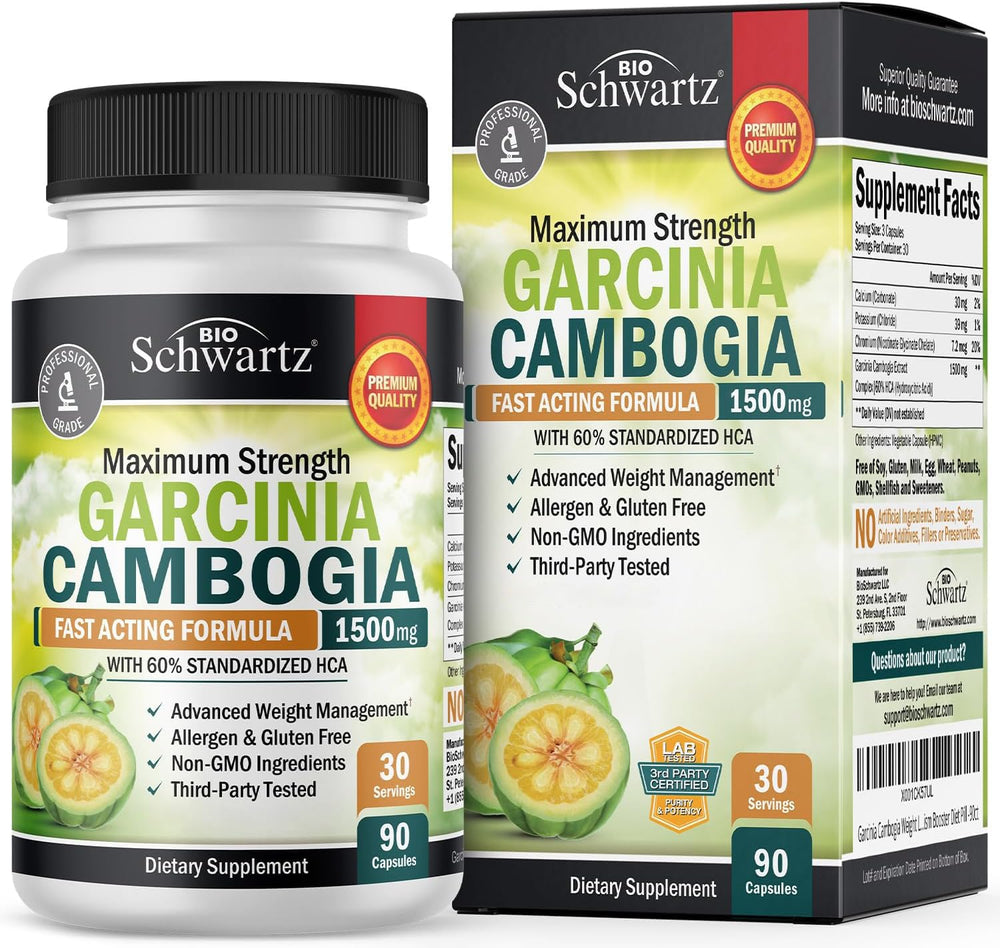 BioSchwartz Garcinia Cambogia bottle label highlights high purity HCA for appetite support.