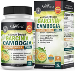 BioSchwartz Garcinia Cambogia bottle label highlights high purity HCA for appetite support.