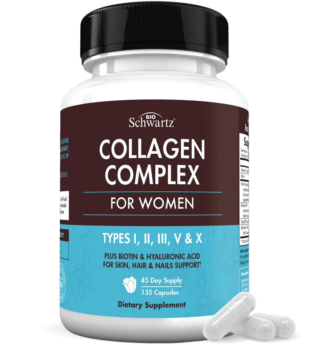 BioSchwartz hydrolyzed collagen capsules bottle for skin, hair, and nails support.