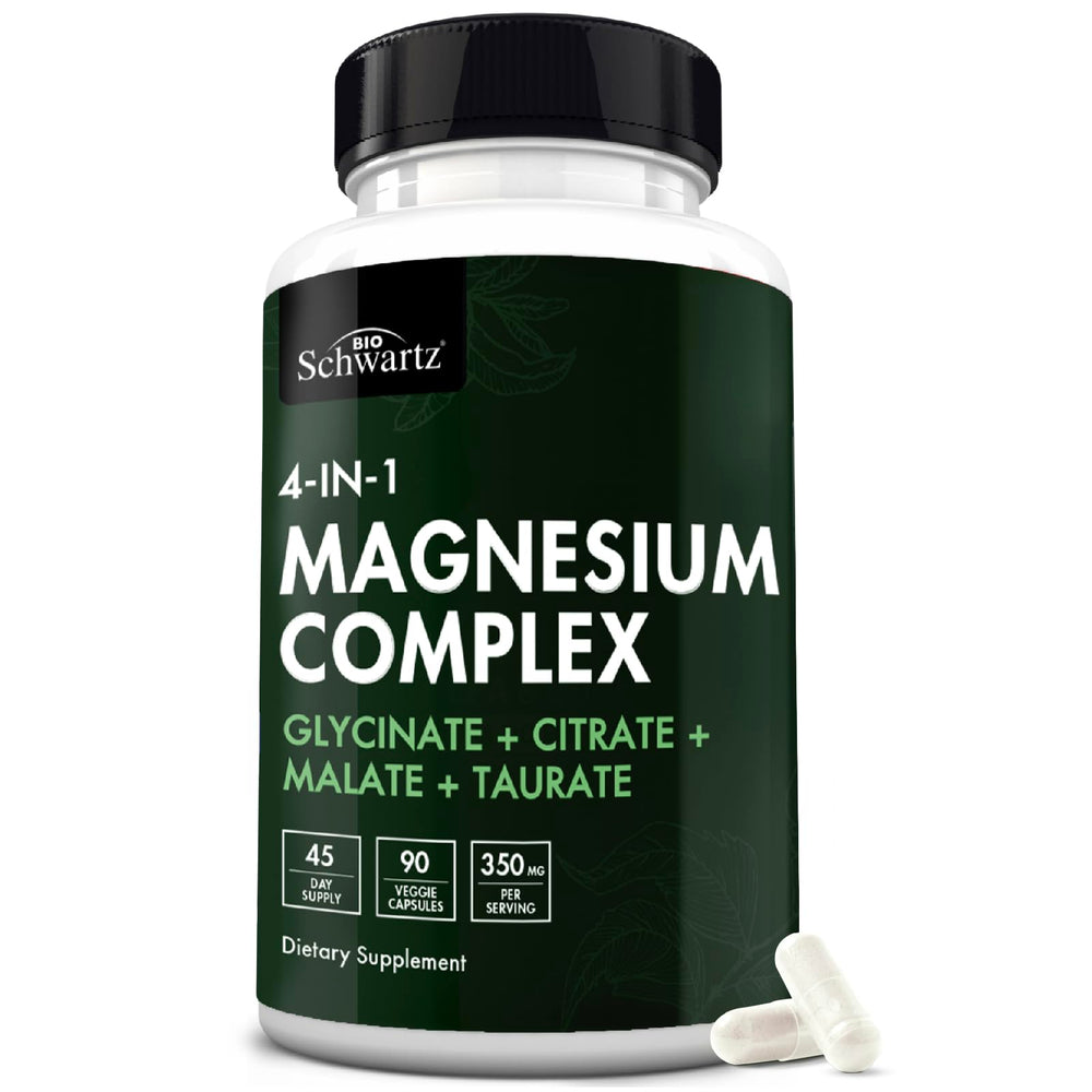 BioSchwartz Magnesium Complex bottle highlighting vegan, non-GMO formula for nerve health support.