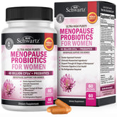 BioSchwartz menopause probiotics bottle front showing 60 servings for mood and digestion support