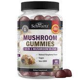 BioSchwartz Mushroom Gummies raspberry bottle closeup for vegan, non-GMO mood and focus support.