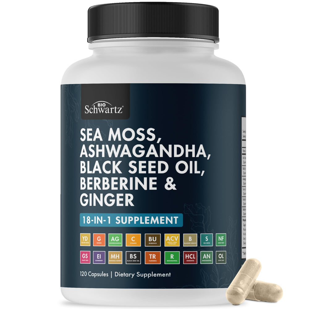 BioSchwartz sea moss bottle front with black seed oil for daily wellness.