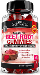 BioSchwartz Sugar Free Beet Root Gummies bottle showcases strawberry flavor for easy daily energy support.