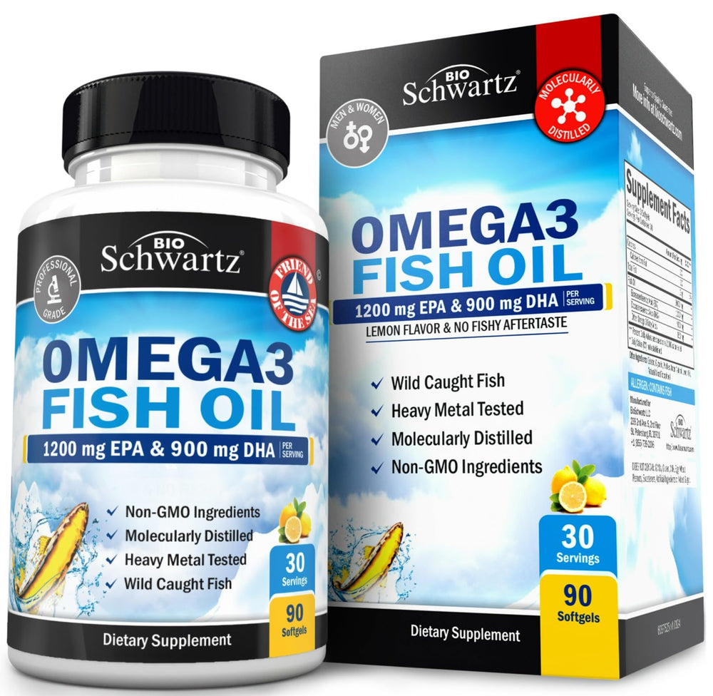 BioSchwartz triple-strength omega-3 bottle with softgels for comprehensive omega-3 support