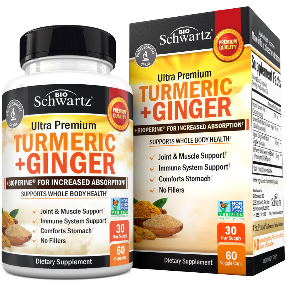 BioSchwartz turmeric-curcumin-ginger bottle shows high-absorption formula for joints