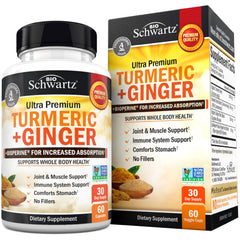 BioSchwartz turmeric-curcumin-ginger bottle shows high-absorption formula for joints