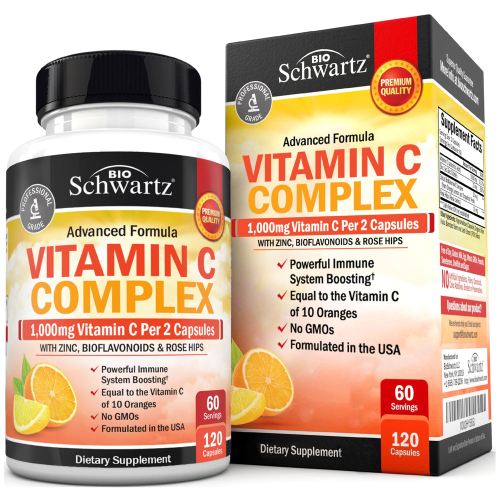 BioSchwartz Vitamin C Complex bottle label highlights high-potency immune support.