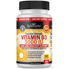 BioSchwartz Vitamin D3 5000 IU bottle with olive oil base highlighted for absorption