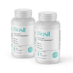 Biosil Collagen Booster bottle front, capsules for skin support.