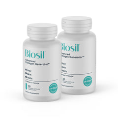Biosil Collagen Booster bottle front highlights skin and hair support