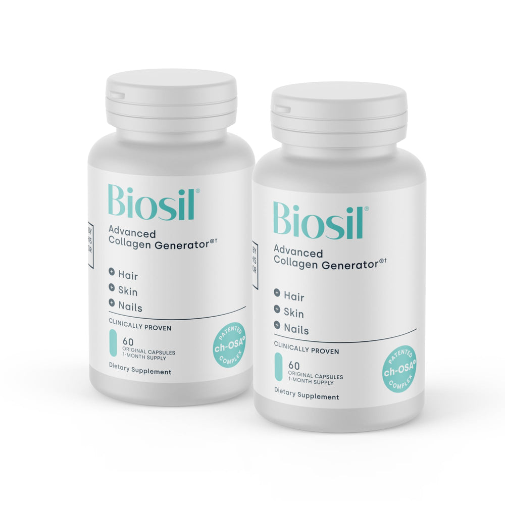 This image shows Biosil Collagen Generator two-pack bottles supporting daily skin, hair, and nails.
