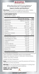BIOSPEC NUTRITIONALS Cholesterol Complete bottle label close-up showing ingredients and dosage details.