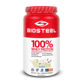 BIOSTEEL Vanilla Whey Bottle shows rBGH-free nutrition for post workout recovery.