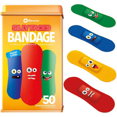 BioSwiss bandages silly faces pack closeup, kid-friendly wound care and cheerful designs.
