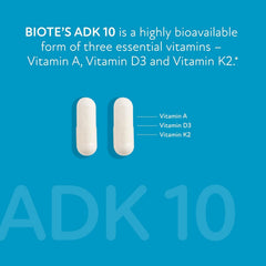 Biote ADK 10 bottle label highlighting allergen-free formulation.