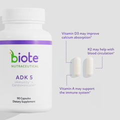 Biote ADK 5 label close-up highlighting vitamin D and bone health.