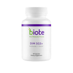 Biote DIM SGS+ bottle label highlights hormone support and detox potential.