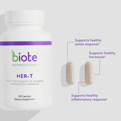 Close up of Biote HER-T capsules highlighting smooth gel caps for easy swallowing.