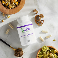 Biote Restful Sleep capsules closeup highlighting easy nightly routine.