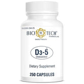 Bio-Tech Pharmacal D3-5 bottle closeup showing 5,000 IU vitamin D3 capsules for daily support