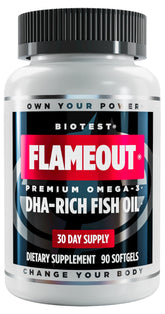 Biotest Flameout bottle front showing DHA-rich omega-3 formula for daily support.
