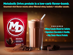 Biotest Metabolic Drive Protein shake glass shows creamy texture and lean nutrition post-workout.